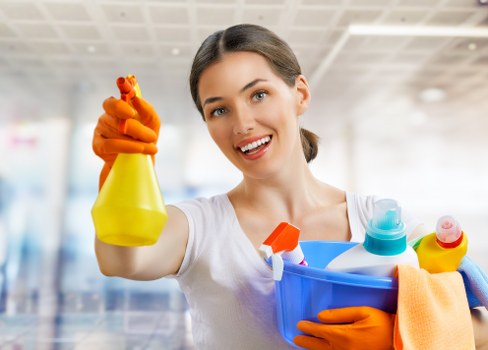 Professional home cleaner preparing a tidy living room in an N1 property