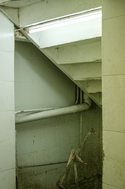 The image depicts an indoor space, likely an attic or basement area, with visible industrial ventilation ductwork and a metal staircase leaning against a white wall. The lighting is dim, casting shado