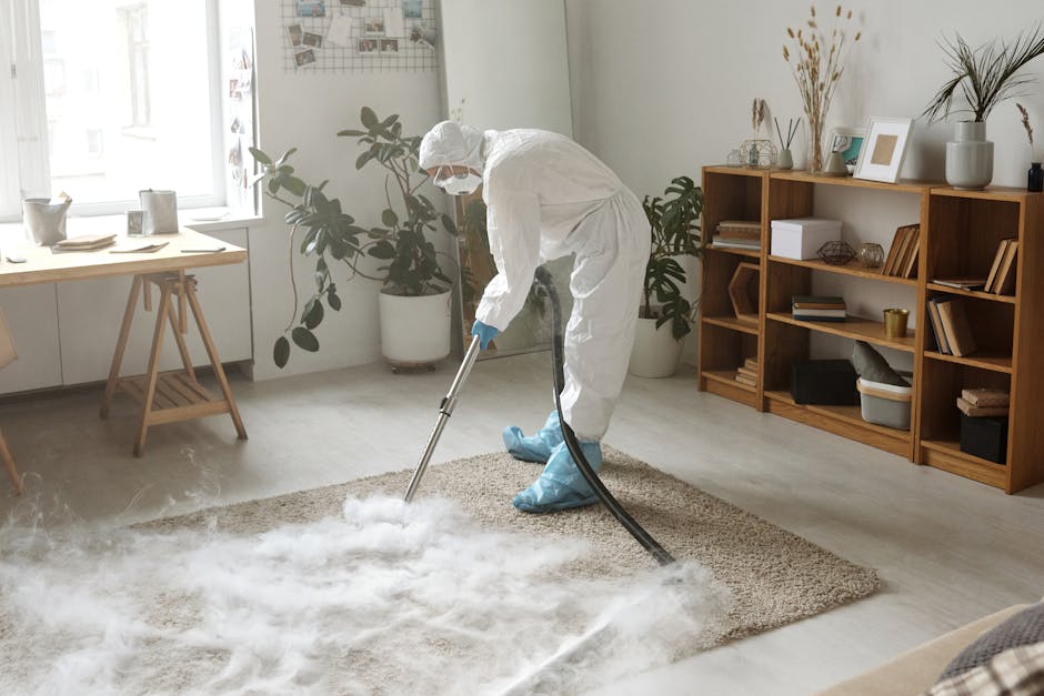 A professional cleaner dressed in a white protective suit, gloves, and a face mask is performing surface cleaning on a beige, plush carpet inside a bright, modern living room. The cleaner is using a portable steam or extraction machine, with a black hose connected to a handheld wand, which is being used to deep clean the carpet. The room features a large window with sheer curtains allowing natural light, a wooden sideboard filled with books, framed pictures, and decorative items, and potted plants adding greenery. The clean, well-organized space has smooth wooden flooring adjacent to the carpet, with a neutral color palette and minimal decor, emphasizing hygiene and domestic cleaning standards. This scene illustrates the high-quality cleaning services offered by error code: 521, specializing in carpet and surface sanitisation near Angel Station N1, N1.