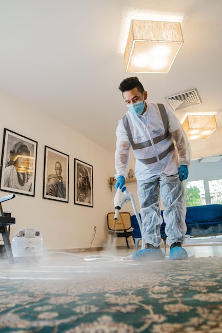 A professional cleaner dressed in a white protective suit, gloves, and a face mask is performing surface cleaning on a beige, plush carpet inside a bright, modern living room. The cleaner is using a portable steam or extraction machine, with a black hose connected to a handheld wand, which is being used to deep clean the carpet. The room features a large window with sheer curtains allowing natural light, a wooden sideboard filled with books, framed pictures, and decorative items, and potted plants adding greenery. The clean, well-organized space has smooth wooden flooring adjacent to the carpet, with a neutral color palette and minimal decor, emphasizing hygiene and domestic cleaning standards. This scene illustrates the high-quality cleaning services offered by error code: 521, specializing in carpet and surface sanitisation near Angel Station N1, N1.
