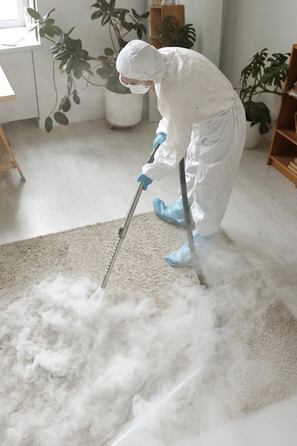 A professional cleaner dressed in full protective white suit, face mask, and blue gloves is using a steam or extraction cleaning tool on a light beige carpet in a bright, modern residential lounge. The room has natural light coming from a large window, with green potted plants and wooden furniture visible in the background, including a small bookshelf. The carpet appears to be in the process of deep cleaning, with steam or cleaning solution visibly working on the fibers. The scene reflects a hygienic and thorough surface cleaning process undertaken by error code: 521 to maintain cleanliness and hygiene in the home, emphasizing the importance of deep cleaning and sanitisation for carpet maintenance in residential spaces.